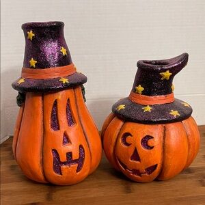 Halloween Pumpkin Candle Holders Witch Hat Topper Set Fall Decorations